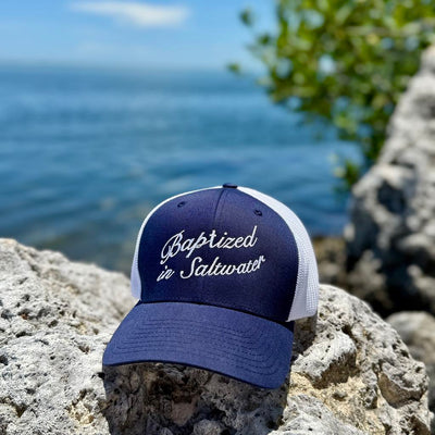 Embroidered Flex Fit Baptized In Saltwater Hat - Navy / White