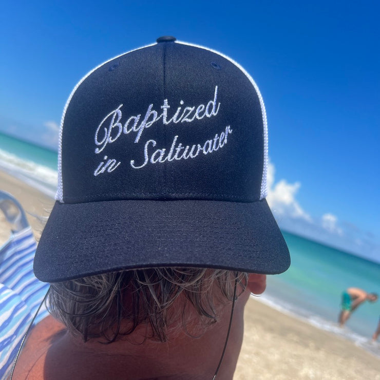 Embroidered Flex Fit Baptized In Saltwater Hat - Navy / White