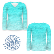 Baptized In Saltwater / Teal Swirl V-neck - Quick Dry UPF 50+ Ladies Long Sleeve