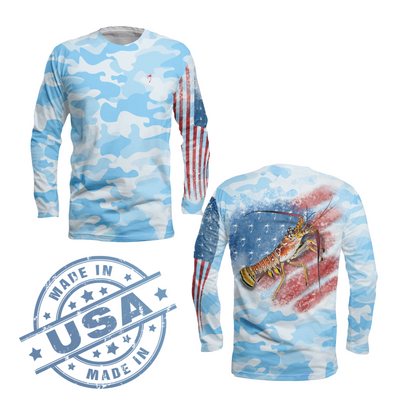 Patriotic Lobster / Blue Camo - Quick Dry UPF 50+ Mens Long Sleeve