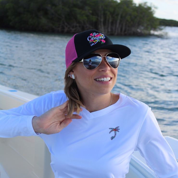 Embroidered Floral Logo Trucker Hat - Black / Pink