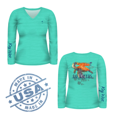 Painted Turtle / Heather Seafoam V-neck - Quick Dry UPF 50+ Ladies Long Sleeve