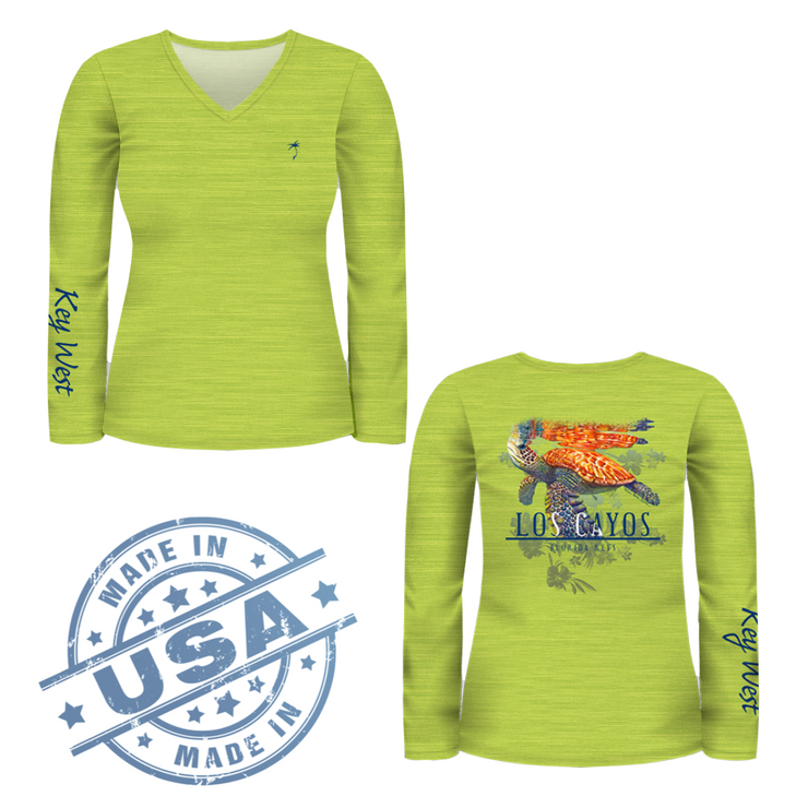 Painted Turtle / Heather Key Lime V-neck - Quick Dry UPF 50+ Ladies Long Sleeve