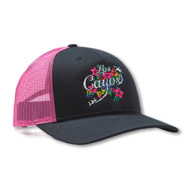 Embroidered Floral Logo Trucker Hat - Black / Pink