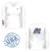 Bright Floral / White V-neck - Quick Dry UPF 50+ Ladies Long Sleeve